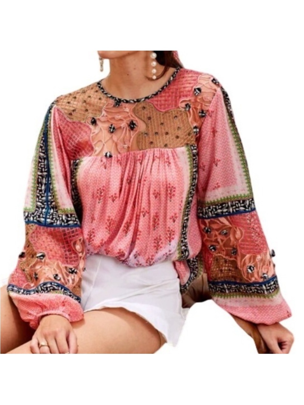 Bhanuni by Jyoti Rosario Embroidery Blouse SM Bohemian High Neck Long Sleeve Top - Picture 7 of 16